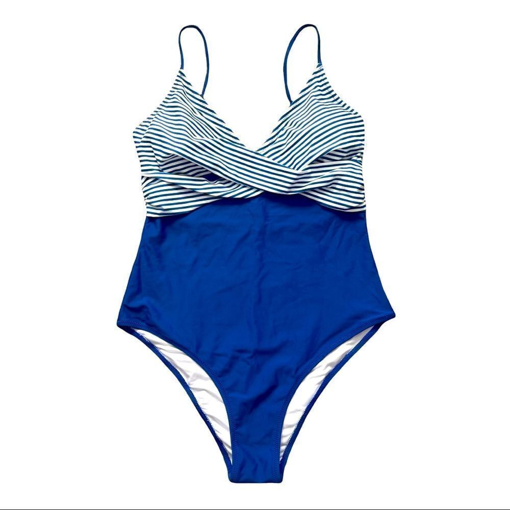 Crossover Blue White Stripe Upper & Plain Blue One Piece Swimsuit Sz Unknown